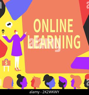 Konzeptionelle Darstellung Online Learning. Unternehmensübersicht Larning mit Hilfe des Internets und eines Computers präsentiert die neuesten erfolgreichen Finanzstrategien vor dem Hintergrund von Lady Pointing. Stockfoto