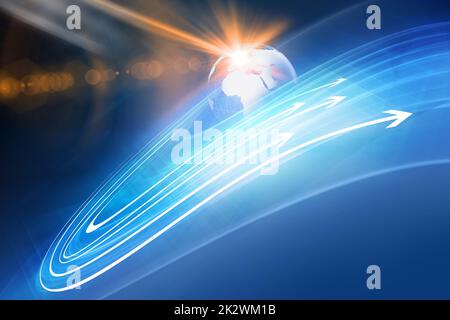 Grafische Pfeile rund um den Erdball auf der Space Concept Serie 1352 Stockfoto