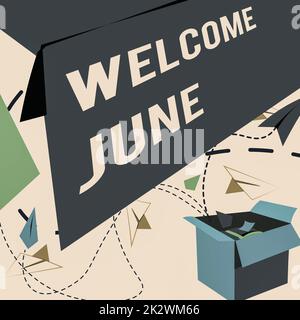 Schild mit der Aufschrift Welcome June. Geschäftsansatz Kalender Sechster Monat Zweites Quartal dreißig Tage Grüße Offene Box mit fliegenden Papierflugzeugen präsentieren neue kostenlose Ideen Stockfoto