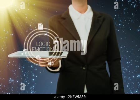Text mit Inspirationslogik Emotion. Das Konzept, das unangenehme Gefühle bedeutet, wandte sich an Selbstrespekt vernünftiger Geist Frau im Anzug hält ein elektrisches Tablet und präsentiert innovatives Denken. Stockfoto