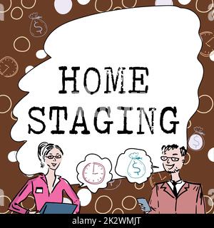 Text mit Inspiration Home Staging. Konzeptfoto-Act zur Vorbereitung einer Privatresidenz auf den Verkauf im Markt Teammitglieder schauen sich Whiteboard-Brainstorming für neue Lösungen an.
