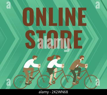 Textüberschrift für den Online-Shop. Word wurde auf Einer Website geschrieben, die Artikel zum Verkauf anbietet und Kreditkarten akzeptiert drei Kollegen fahren Fahrrad und repräsentieren erfolgreiche Teamarbeit. Stockfoto