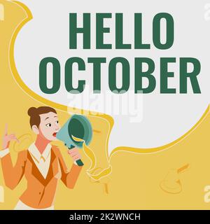 Schreiben mit Text Hallo Oktober. Unternehmensübersicht Letztes Quartal zehnter Monat 30days Saison Begrüßung weibliche Führungskraft hält ein Megafon mit ermutigenden Ideen. Stockfoto