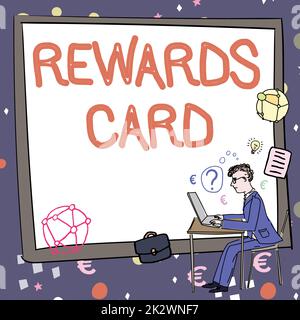 Rewards-Karte mit handschriftlichem Text. Business Approach Helfen Sie, Bargeldpunkte für tägliche Einkäufe zu sammeln Incentives man arbeitet am Computer und repräsentiert die erfolgreiche Entwicklung einer Geschäftsstrategie. Stockfoto