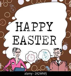 Konzeptionelle Anzeige Frohe Ostern. Business Showcase Christian Festmahl zum Gedenken an die Wiederauferstehung der Teammitglieder von Jesus, die sich mit Whiteboard-Brainstorming zu neuen Lösungen beschäftigen. Stockfoto