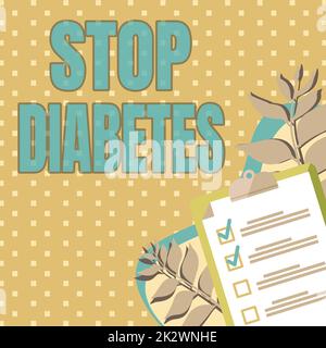 Handschrifttext Stop Diabetes. Das Wort auf dem Blutzuckerspiegel ist höher als normal Insulin injizieren Klemmbrett Zeichnung mit Checkliste mit der Markierung Fertig Items on List (Fertige Punkte auf Liste). Stockfoto