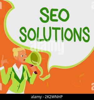 Textunterschrift für Seo Solutions. Wörter auf der Suchmaschinenergebnisseite steigern die Besucherzahlen durch Rankings weibliche Führungskraft hält ein Megafon mit ermutigenden Ideen. Stockfoto