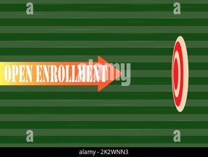 Handschriftlicher Text Offene Anmeldung. Geschäftskonzept der jährliche Zeitraum, in dem die Anzeige stattfindet, kann einen Versicherungspfeil registrieren, der sich schnell dem Ziel nähert, das das Erreichen von Zielen darstellt. Stockfoto