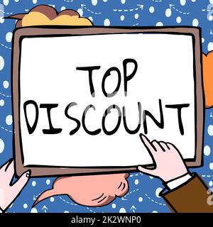 Schild mit Top Discount. Geschäftsidee Bestpreisgarantierte Hot Items Verrückter Verkauf Promotions Hands Halten Papier Zeigen neue Ideen umgeben von Sternen. Stockfoto