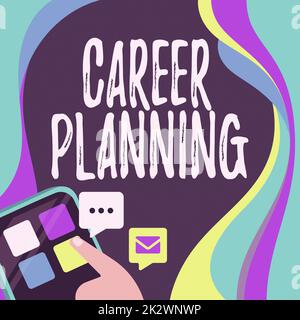 Inspiration zeigt Zeichen für Karriereplanung. Ein Wort, das auf strategische Planung Ihrer Karriereziele und Ihres Arbeitserfolgs geschrieben wurde. Fingerdruck auf die Anwendungstaste, um die globale Netzwerkverbindung darzustellen. Stockfoto