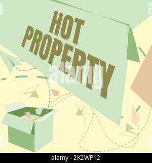 Inspiration mit Schild „Hot Property“. Geschäftsübersicht etwas, das begehrt wird oder stark begehrt wird Open Box mit Flying Paper Flugzeugen präsentieren neue freie Ideen Stockfoto