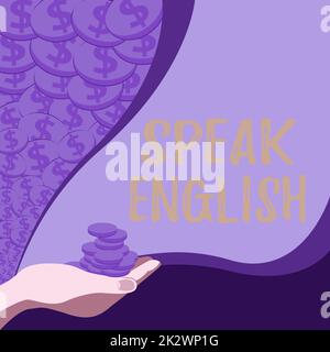 Die konzeptionelle Darstellung spricht Englisch. Business Approach Studie Weitere Fremdsprachen Online-verbale Kurse Palm mit Geld für Hypothekenpläne für Privatanwender und Büros. Stockfoto