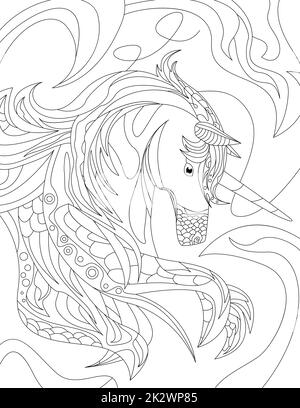 Abstrakte Vektorlinien zeichnen stilisiertes Einhorn dekorierte raffinierte Muster Mähne. Digital lineart Image Pferd hinterlässt Dekorationsfell. Skizzieren Sie Kunstwerke mit Tiermotiven. Stockfoto