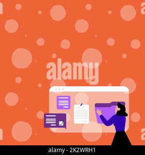Frau Organisiert Browserverlauf, Bearbeiten Organisieren Von Online-Dateien, Verbreitung Von Cyber Business Presence, Sammlung Von Ideen, Internet-Chats Browsing Aktivitäten Stockfoto