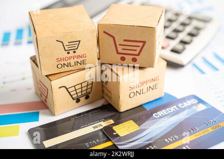 Online-Shopping-Box mit Kreditkarte und Rechner auf Grafik. Finanzhandel Import Export Business-Konzept. Stockfoto