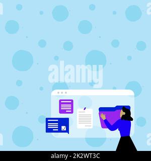 Frau Organisiert Browserverlauf, Bearbeiten Organisieren Von Online-Dateien, Verbreitung Von Cyber Business Presence, Sammlung Von Ideen, Internet-Chats Browsing Aktivitäten Stockfoto