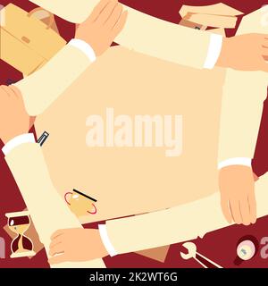 Vier Hände, Die Den Arm Zusammenhalten Und Das Verbindungssymbol Zeigen. Connected Arms Design Hält Handgelenke Und Zeigt Teamwork Cooperation Starke Bindung. Stockfoto