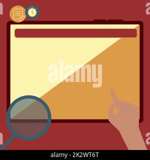 Illustration einer Hand mit Big Tablet Suche Pläne für neue fantastische Ideen. Palm Drawing Holding Large Pad Findet Wunderbare Neuigkeiten Für Das Projekt. Stockfoto