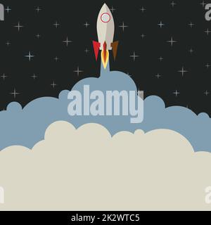 Raketenschiff Startet Schnell Direkt In Den Weltraum. Raumschiff Zeichnung Fliegen Hoch Am Himmel. Space Shuttle Cartoon Schwebend In Der Luft. Stockfoto