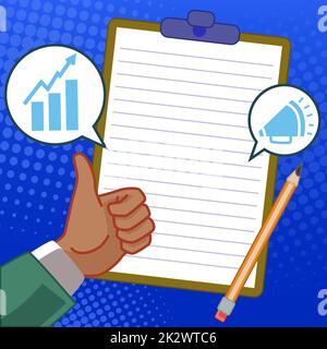 Hands Thumbs Up Neue Ideen Zeigen. Handflächen Tragen Notiz Präsentiert Neueste Pläne. Plakat Mit Armen Halten, Das Die Letzte Werbung Darstellt. Stockfoto