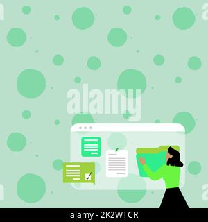 Frau Organisiert Browserverlauf, Bearbeiten Organisieren Von Online-Dateien, Verbreitung Von Cyber Business Presence, Sammlung Von Ideen, Internet-Chats Browsing Aktivitäten Stockfoto