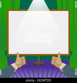 Hands Thumbs Up Neue Ideen Zeigen. Handflächen Tragen Notiz Präsentiert Neueste Pläne. Plakat Mit Armen Halten, Das Die Letzte Werbung Darstellt. Stockfoto