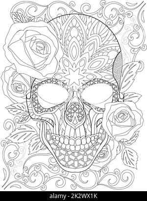 Tattoo Skull Line Drawing, Umgeben Von Hübschen Rosen Und Angenehmen Blättern, Mit Geschlossenem Mund. Ein Furchterregender Seleton Head Drawing Umschlossene Wunderschöne Blumen. Stockfoto