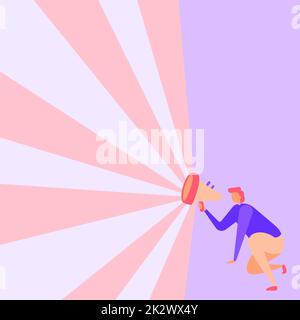 Abbildung eines Geschäftsmannes, der mit Megaphon in einer Hand kniet und eine wunderbare Neuankündigung macht. Ein sitzender Mann zeichnet brillante Late Advertisement. Stockfoto