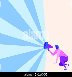 Abbildung eines Geschäftsmannes, der mit Megaphon in einer Hand kniet und eine wunderbare Neuankündigung macht. Ein sitzender Mann zeichnet brillante Late Advertisement. Stockfoto