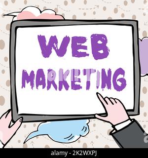 Handschriftliches Schild Web Marketing. Wort geschrieben über E-Commerce Werbung über das Internet Online-Verkäufer hält Papier mit neuen Ideen umgeben von Sternen. Stockfoto