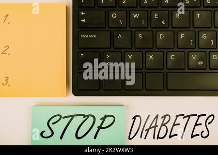 Textüberschrift mit „Stop Diabetes“. Wort für „Blutzucker“ ist höher als normal Tastatur und Symbol für Insulin-Computer injizieren.Informationsmedium für Kommunikation. Stockfoto