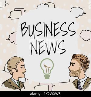 Unterschreiben Sie, dass Business News angezeigt werden. Business Showcase Commercial Notice Trade Report Market Update Corporate Insight Teammitglieder betrachten Whiteboard-Brainstorming zu neuen Lösungen. Stockfoto