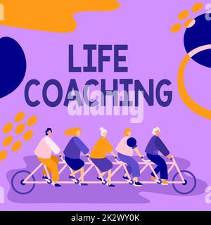 Konzeptionelle Darstellung Life Coaching. Das Konzeptfoto „Lebensverbesserung durch Herausforderungen“ ermutigt uns in unserer Karriere Kollegen Fahrrad fahren, die Teamwork Successful Problem Solution repräsentieren. Stockfoto