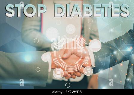 Textüberschrift mit „Stop Diabetes“. Geschäftskonzept Blutzucker-Spiegel ist höher als normal Injizieren Insulin Handshake präsentiert innovative Planungsideen, die erfolgreiche Teamarbeit symbolisieren. Stockfoto