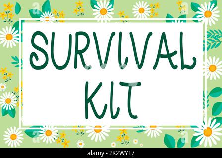 Schild mit dem Survival Kit. Geschäftsansatz Notfallausrüstung Sammlung von Gegenständen, um jemandem zu helfen Blank Frame dekoriert mit abstrakten modernisierten Formen Blumen und Blattwerk. Stockfoto