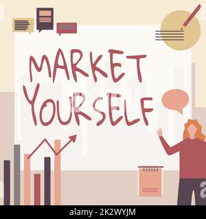 Handschriftlich auf das Schild Market selbst. Konzeptfoto sich selbst für jede Art von Aufgabe und Projekt im Leben zu machen Geschäftsfrau Gelegenheitsstand präsentiert Charts und neue wunderbare Ideen. Stockfoto