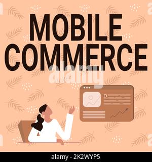 Konzeptionelle Überschrift Mobile Commerce. Ein Wort, das über die Verwendung von Mobiltelefonen für kommerzielle Transaktionen geschrieben wurde. Online-Linienzeichnung für Lady Sitting mit Präsentation neuer Ideen über einen Webbrowser-Bildschirm Stockfoto