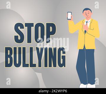 Text mit Inspiration Stop Bullying. Geschäftsansatz Kämpfen und eliminieren Sie dieses aggressive, inakzeptable Verhalten auf dem Bildschirm „man Holding“ des Mobiltelefons, das die futuristische Technologie zeigt. Stockfoto