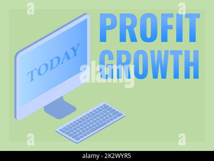 Schild zeigt Gewinnwachstum an. Ein Wort über Ziele in Zusammenhang mit den Marktanteilen des Gesamtumsatzes. Monitor mit Tastatur, die die Online-Verbindung zwischen Kollegen symbolisiert. Stockfoto