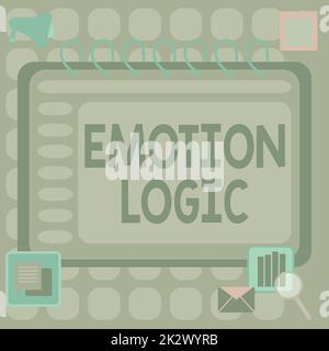 Texttitel mit Emotionslogik. Konzept bedeutet Herz oder Gehirn Seele oder Intelligenz Verwirrung Gleichgewichtszustand Blank Open Spiral Notizbuch mit Taschenrechner und Stift auf dem Tisch. Stockfoto