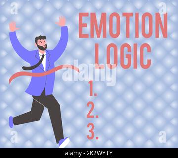 Zeichen, das Emotionslogik anzeigt. Internet Concept Heart oder Brain Soul oder Intelligence Confusion Equal Balance Gentleman in Suit Running Towards Ziellinie feiert Erfolg Stockfoto