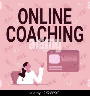 Unterschreiben Sie, dass Online-Coaching angezeigt wird. Konzeptfoto Lernen aus dem Internet und Online mit Hilfe eines Coach Line Drawing for Lady Sitting Präsentation neuer Ideen über einen Webbrowser-Bildschirm Stockfoto