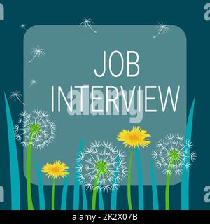 Handschriftlich unterschreiben: Bewerbungsgespräch. Word for Assessment Fragen Antworten Einstellungsverfahren Rahmen für das Einstellungsgremium mit farbenfrohen Blumen und Blattwerk, die harmonisch angeordnet sind. Stockfoto