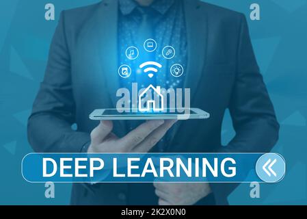 Schild mit Deep Learning. Wort für hierarchische Abstraktionen Algorithmus für künstliche Intelligenz Bildschirm für Handys mit futuristischer Technologie. Stockfoto