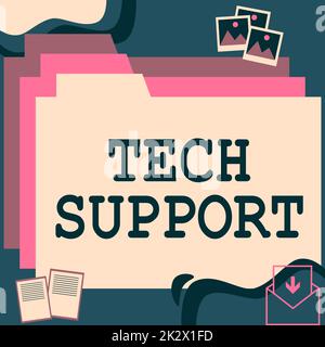 Text mit technischer Unterstützung für Inspiration. Geschäftsübersicht Unterstützung von Personen, die technische Probleme haben Desktopordner in Webbrowsern mit neuester Technologie. Stockfoto
