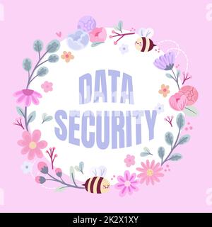 Text mit Inspiration Data Security. Word for Disclosure Sicherungskopien zur Festplattenverschlüsselung Passwortschirmung Rahmen mit farbenfrohen Blumen und Blattwerk, die harmonisch angeordnet sind. Stockfoto