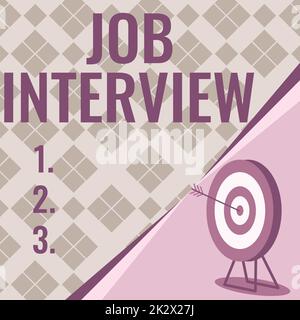 Schreiben mit Anzeige des Textes "Bewerbungsgespräch". Konzeptionelles Foto Bewertungsfragen Antworten Einstellung Einstellung Einstellung Ziel des Beschäftigungsausschusses mit Bullseye für erfolgreich abgeschlossenes Projekt. Stockfoto