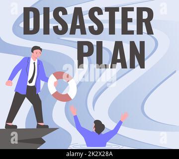 Schreiben mit Anzeige des Textes „Katastrophenplan“. Wort geschrieben auf React to Emergency Preparedness Survival und erste-Hilfe-Kit Gentleman in Suit hilft Kollegen, die erfolgreiche Teamarbeit repräsentieren. Stockfoto