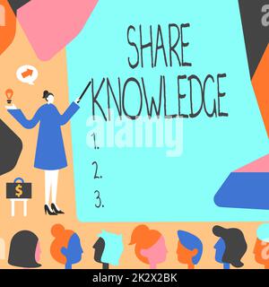 Handschriftliches Schild Wissen teilen. Konzeptfoto, das anderen beigebracht hat, was ich gelernt habe, bevor ich Vorträge gehalten habe Lady Pointing Hintergrund präsentiert die neuesten erfolgreichen Finanzstrategien. Stockfoto