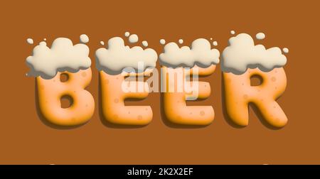 Text mit Biergetränk, Spritzer und Tropfen. Elegantes Design für eine Marke, ein Label oder eine Werbung Stockfoto